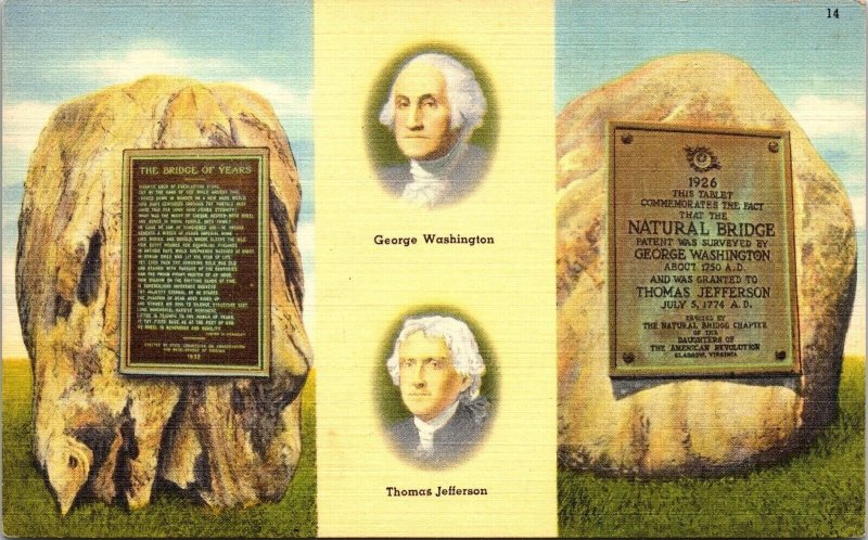 Natural Bridge Signs George Washington Thomas Jefferson Linen Postcard VTG UNP 