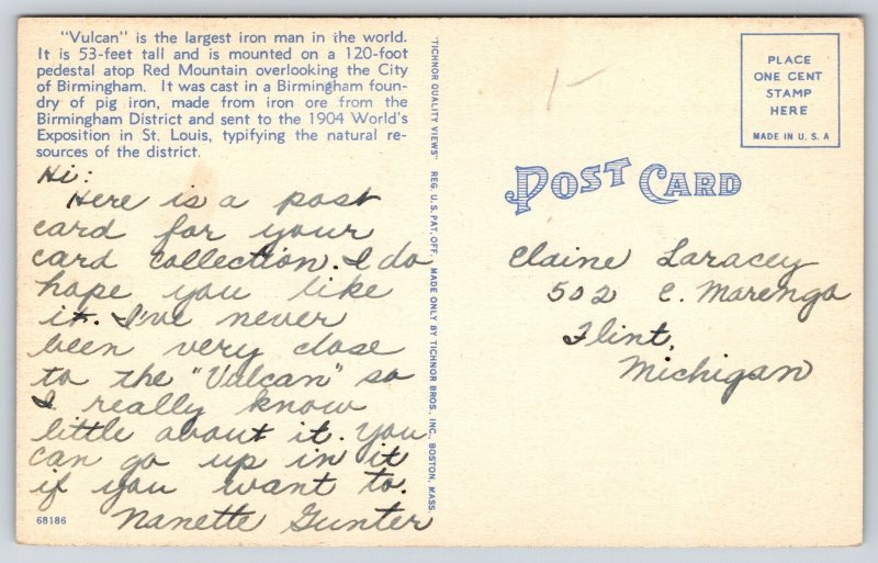 Birmingham Alabama~Red Mt~Vulcan Iron Man Statue~Tower~Linen 1950s Postcard