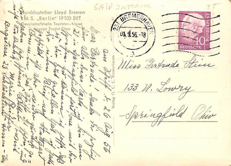 MS Berlin Lounge Tourist Class Norddeutscher Lloyd Ship 