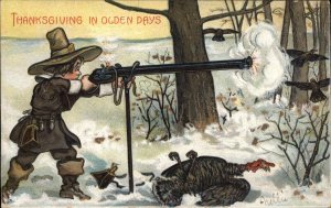 Thanksgiving Pilgrim Hunting Turkeys With Giant Gun c1910 Vintage Postcard