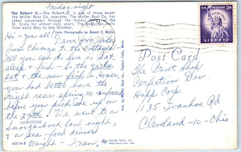 Postcard - The Robert C., Dalles of the St. Croix -  Dresser, Wisconsin