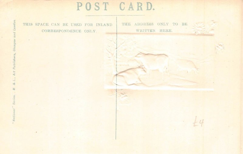 Airbrushed Animals Cattle Ox Sunset Mountain Flowers embossed postcard B832