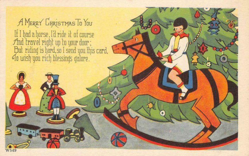 A Merry Christmas To You Rocking Horse, Tree, Toys Art Deco Vintage Postcard