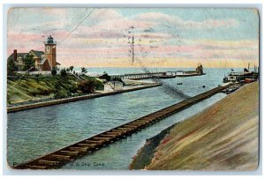 1910 US Ship Canal Lighthouse Building Ferry Portage Lake Michigan MI Postcard