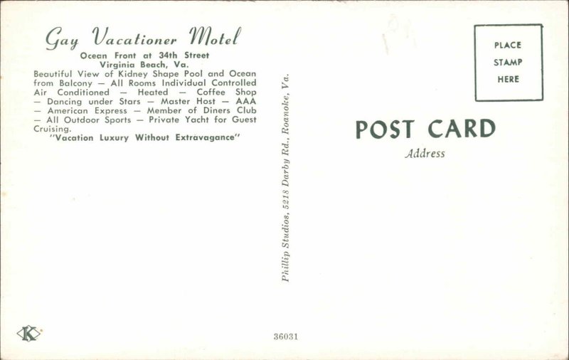 Virginia Beach Virginia VA Motel Swimming Pool Cars c1950s-60s Postcard