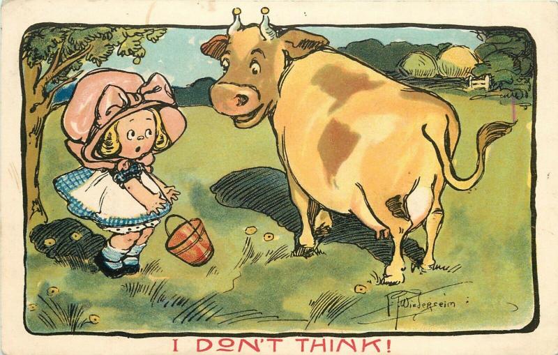 Vintage Orthochrome Postcard 70 78 A/S Weidersheim Girl & Cow: I Don't Think!