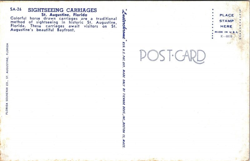 St Augustine Florida Sightseeing Carriages Palm Trees Fountain Chrome Postcard 