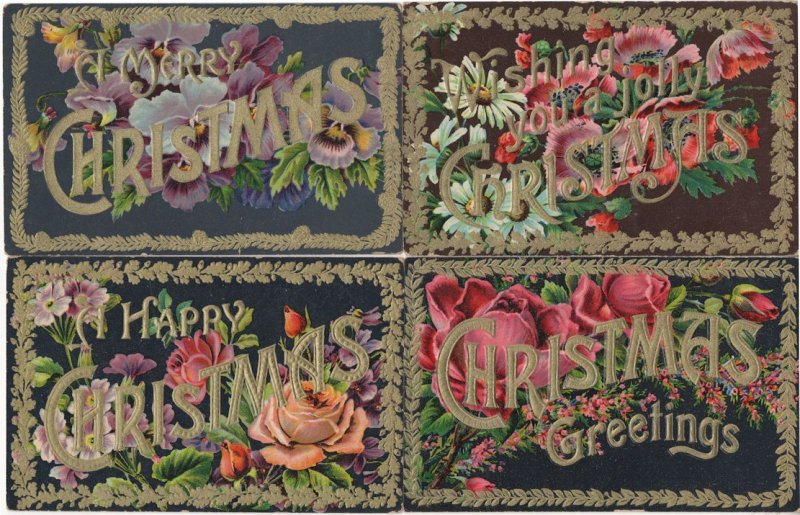 Christmas 4x Antique Raised Flower Glitter Old Postcard s