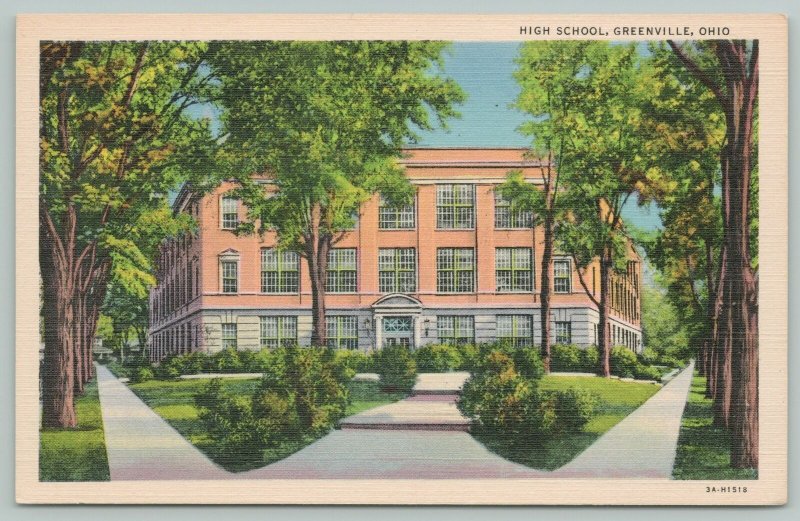 Greenville Ohio~High School Entrance~1940s Linen Postcard