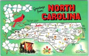 Greetings  from  NORTH CAROLINA  Pictorial  MAP   Dexter Press  Postcard  c1950s