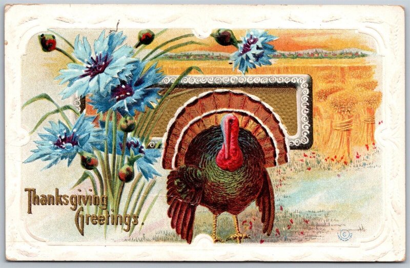 Vtg Thanksgiving Greetings Turkey Flowers Embossed 1910s Old J Herman Postcard