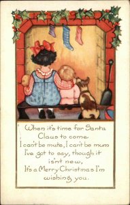 Whitney Christmas Children and Dog Wait for Santa Claus Vintage Postcard