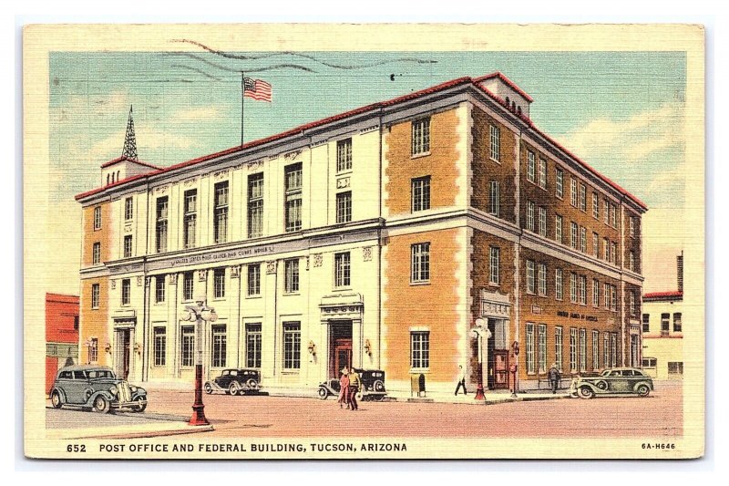 Postcard Post Office & Federal Building Tucson Arizona Antique Automobiles c1938