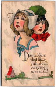 Postcard dutch girl boy Der Odders vhat likes yuh don't vorry me none at all