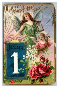 Vintage 1908 Tuck's New Years Postcard Angel Green Robes Cornucopia & Calendar