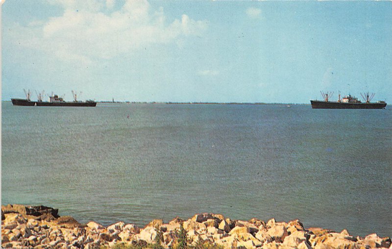 Galveston Texas 1960s Postcard Ships At Anchor In Galveston Bay
