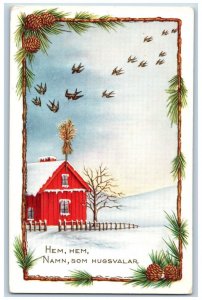 Christmas Postcard Birds Pinecone House Winter Scene Embossed c1910's Antique