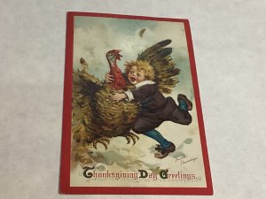 Artist signed Brundage Series #130 Thanksgiving Boy catching Turkey Grade 3