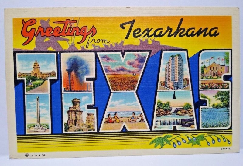 Greetings From Texarkana Texas Big Large Letter Linen Postcard Curt Teich Script