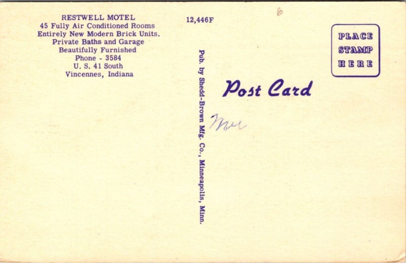 Linen Postcard Restwell Motel U.S. Highway 41 South in Vincennes, Indiana