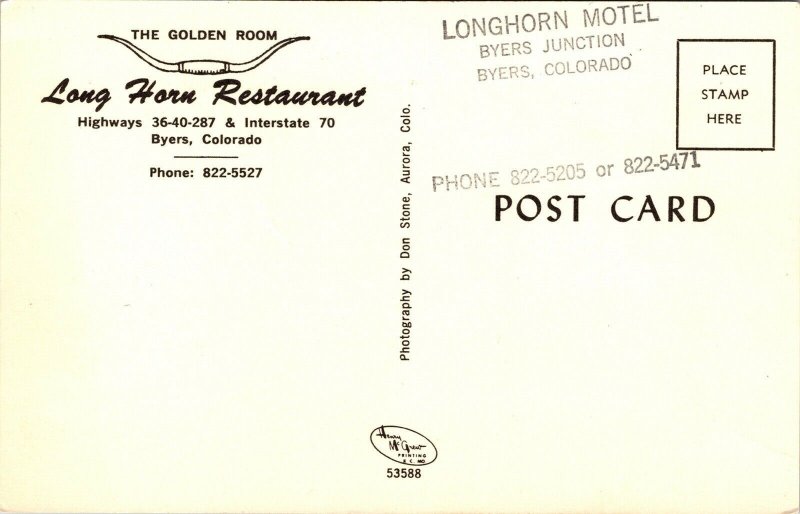 Golden Room Long Horn Restaurant Byers Colorado CO Postcard VTG UNP Vintage 