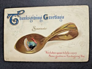 Thanksgiving Greeting Spoon Turkey Embossed Vintage Postcard PC1
