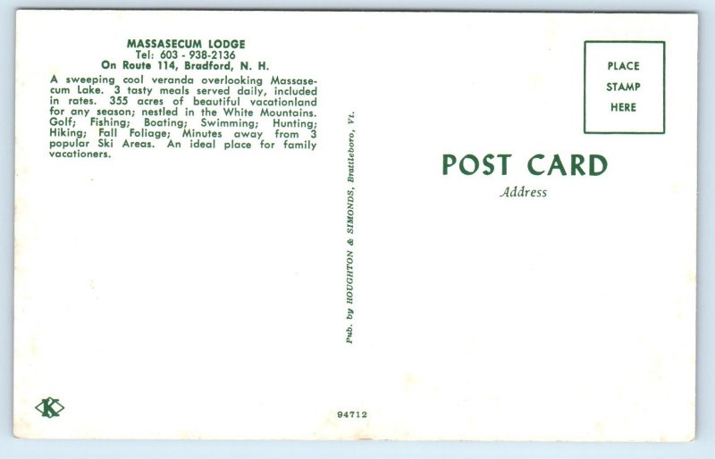 1960 Bradford New Hampshire Postcard Massasecum Lodge Sweeping Cool Veranda