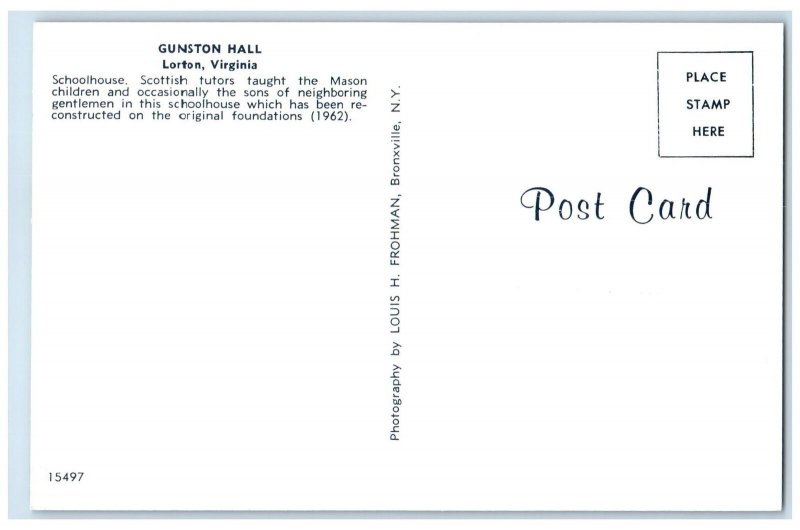 c1960s Gunston Hall Home Of George Schoolhouse Interior Scene Lorton VA Postcard