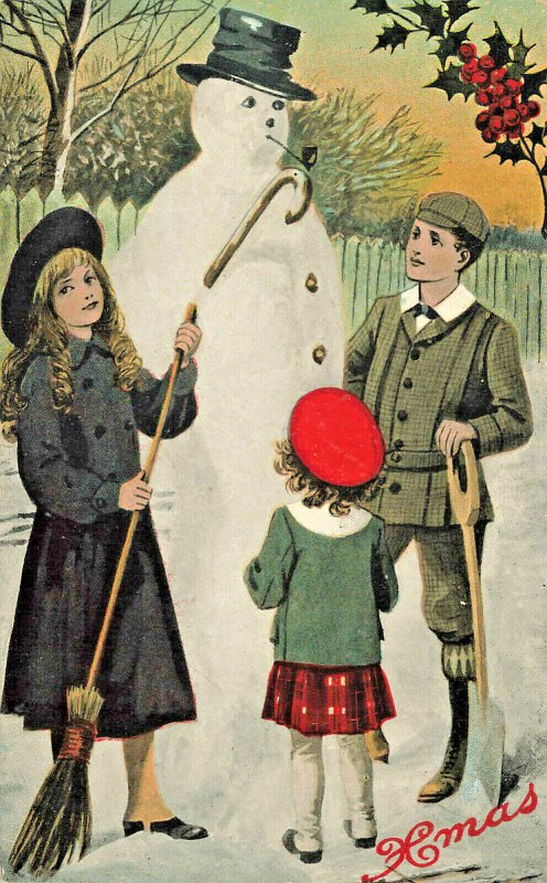 Christmas Snowman W/Hat Children W/Broom 1909 Postcard
