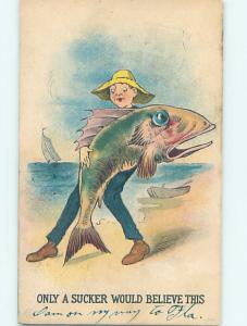 Pre-Linen fishing exaggeration ONLY A SUCKER - MAN WITH VERY BIG FISH HL2757