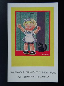 Wales BARRY ISLAND Black Cat / Always Glad To See You... c1930s Comic Postcard