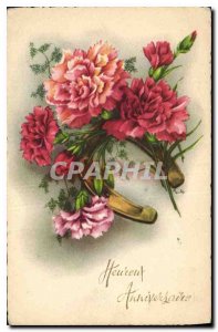 Old Postcard Happy Birthday Flowers Horseshoe