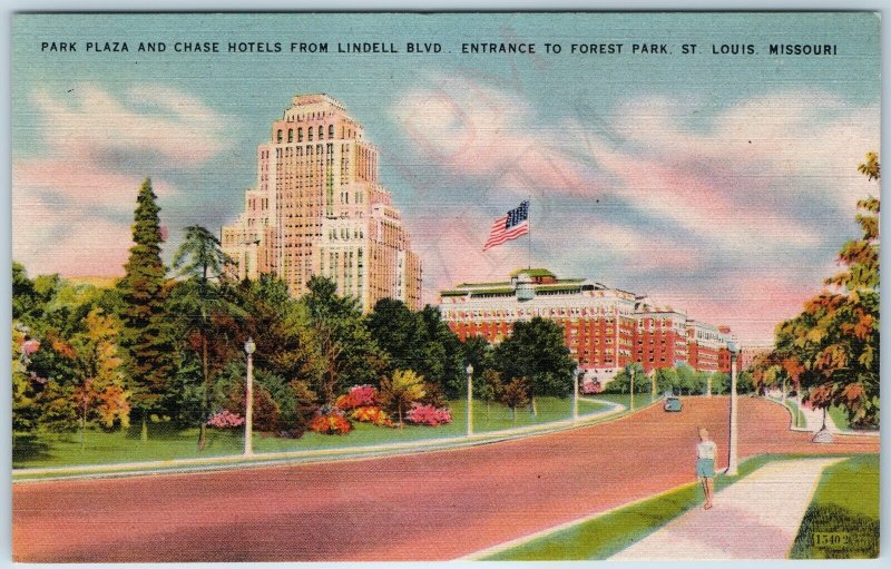 c1940s St. Louis, MO Entrance Forest Park Plaza Chase Hotel Roadside Street A203