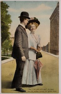 Edwardian Madame Lady On Broadway with Umbrella Meets Dapper Man Postcard W21