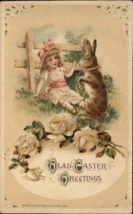 Easter Children Girl Plays with Bunny Rabbit Winsch Embossed c1900s-10s Postcard