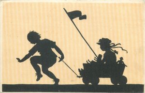 Children couple silhouette fantasy toys cart vintage postcard 
