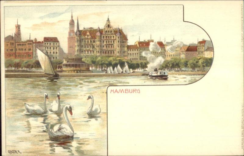 Hamburg Germany Swans & Skyline GEIGER c1900 Lithograph Postcard