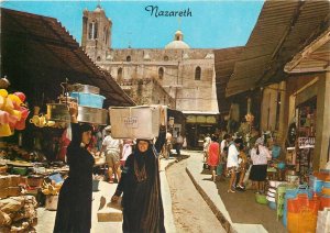 Postcard Middle East Nazareth market place woman architecture church street