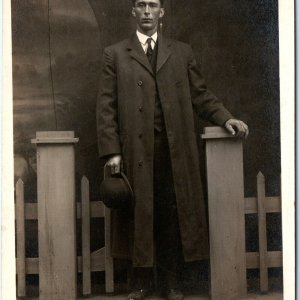 c1910s Plymouth WI Cool Dapper Man Trench Coat RPPC Metropolitan Real Photo A122