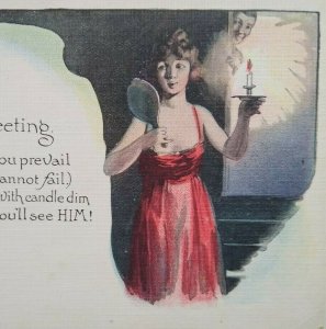 Halloween Postcard Women With Candle And Mirror Man Peeking Series 363 Unused