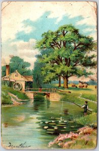 1907 Little Boy Fishing Pond Near the Old Mill House Flowers Posted Postcard