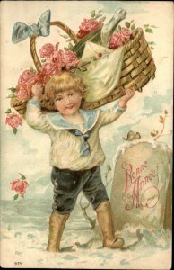 NEW YEAR Little Boy w Picnic Basket EMBOSSED c1910 Postcard