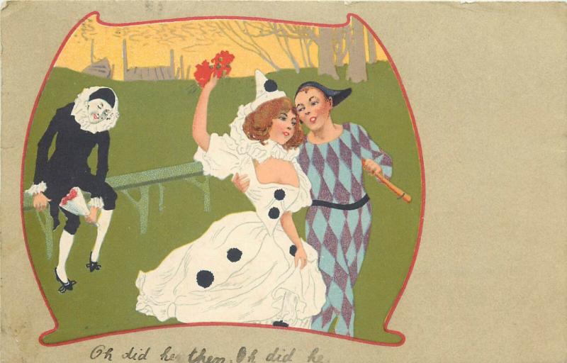 Rare Ellanbee Series Pierrot Harlequin clown ART NOUVEAU postcards x 2
