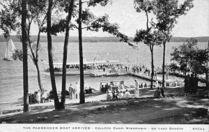 Passenger Boat Arrives College Camp Lake Geneva Wisconsin 1943 postcard