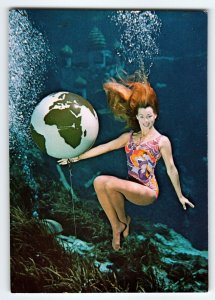 Weeki Wachee Mermaids Florida Under Water Lady With Globe Chrome Postcard Unused