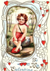 c1910 VALENTINE CUPID GIRL HEARTS AND FLOWERS EMBOSSED POSTCARD 44-152