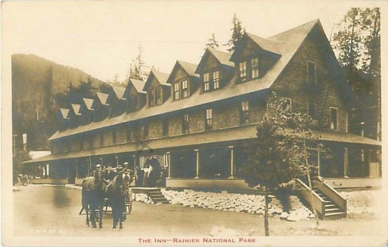 Rainier National Park, The Inn, Horse & Carriage, Women Real Photo Postcard 