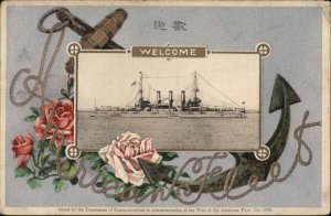 American Navy Naval Battleship Commem in Japan Anchor Border 1908 Postcard