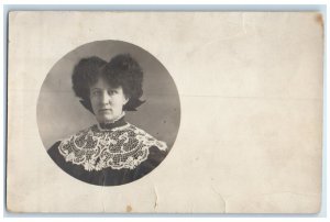 c1910's Woman Curly Hair Lace Collar Studio RPPC Photo Antique Postcard