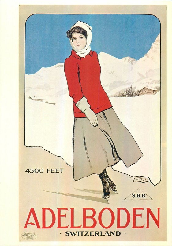 Postcard Sport ice skating adelboden switzerland woman dress beauty charm art